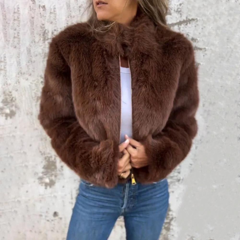 chaqueta-de-pelo-mujer-627eev-1.jpg Chaqueta de pelo sintético con cuello alto Marrón / S - Imagen 1